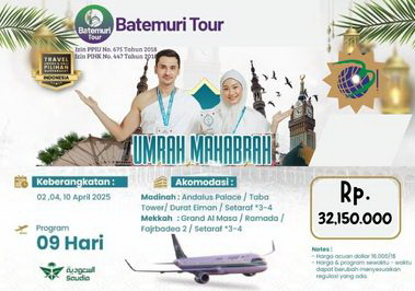 Paket Umrah Syawal , Umrah Mahabbah 1446H / 2025M, Khazzanah -Btt,  09  hari , Keberangkatan 02, 04, 10 April 2025